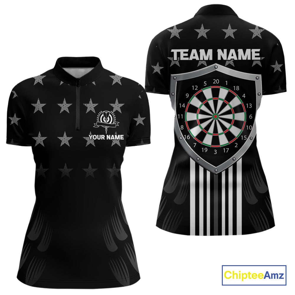 Black & Red US Flag Dartboard - Women's Patriotic Darts Shirt - Custom Name For Players NYN0488