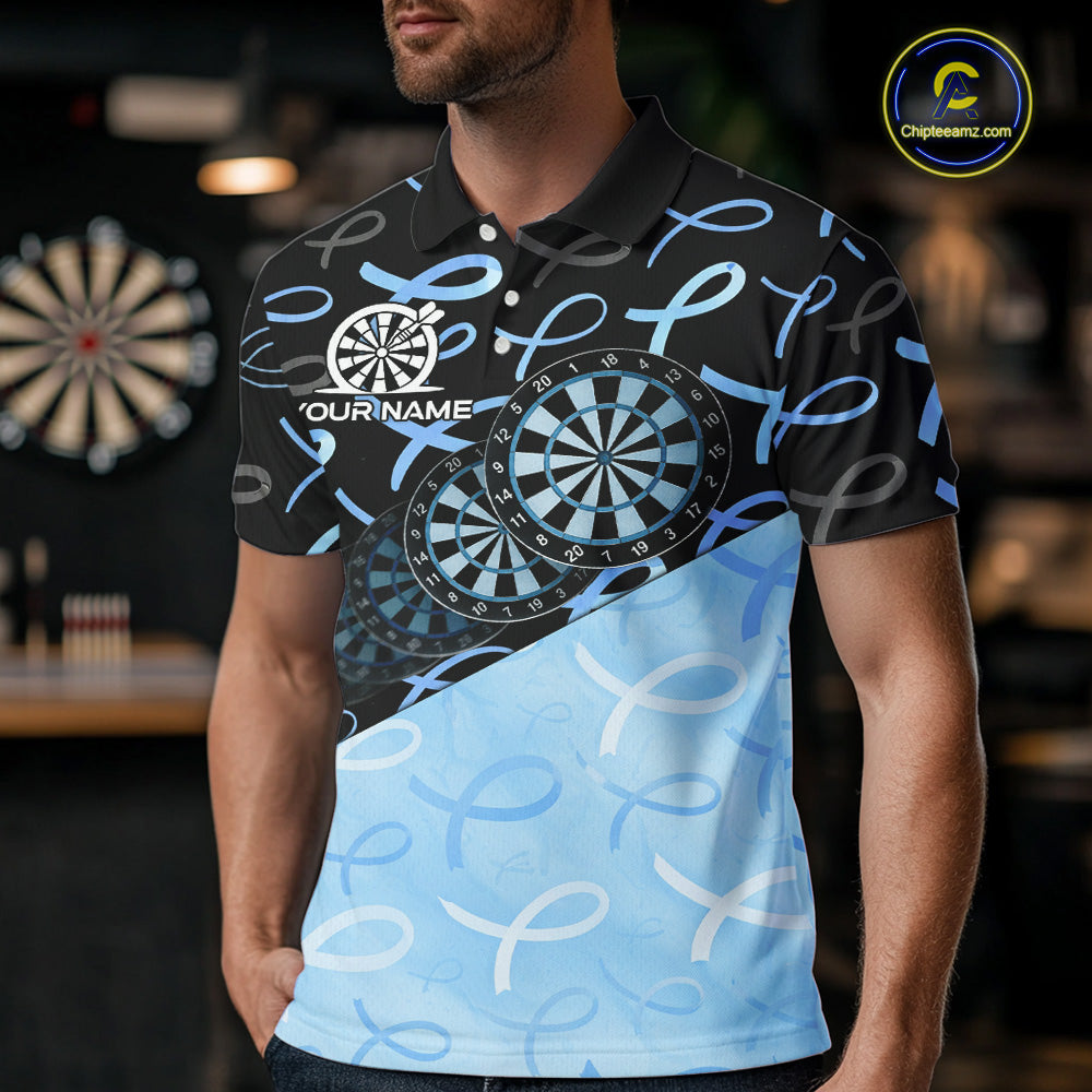 Male model wearing Prostate Cancer Awareness Darts Polo, Personalized Charity Tournament Jersey