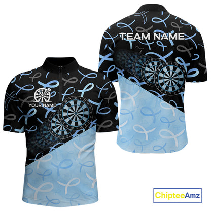 Blue Black Ribbon Men's Quarter-Zip Darts Jersey Mockup, Charity Dart Team Uniform, Professional Awareness Apparel