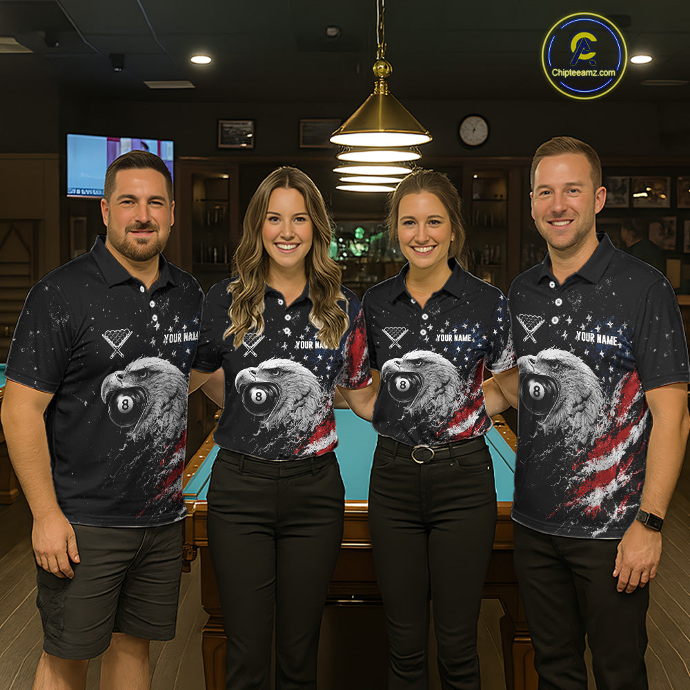 Matching Custom US Flag Eagle billiard jerseys for men and women, patriotic pool tournament uniforms, veterans event apparel, military appreciation team shirts, APA BCA league jerseys, championship cue sports clothing, symbols of freedom, strength, leadership and unity