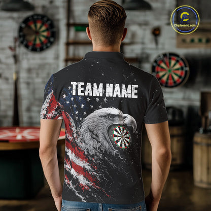 Male model wearing USA Flag Eagle Personalized Darts Polo, Tournament Team Jersey