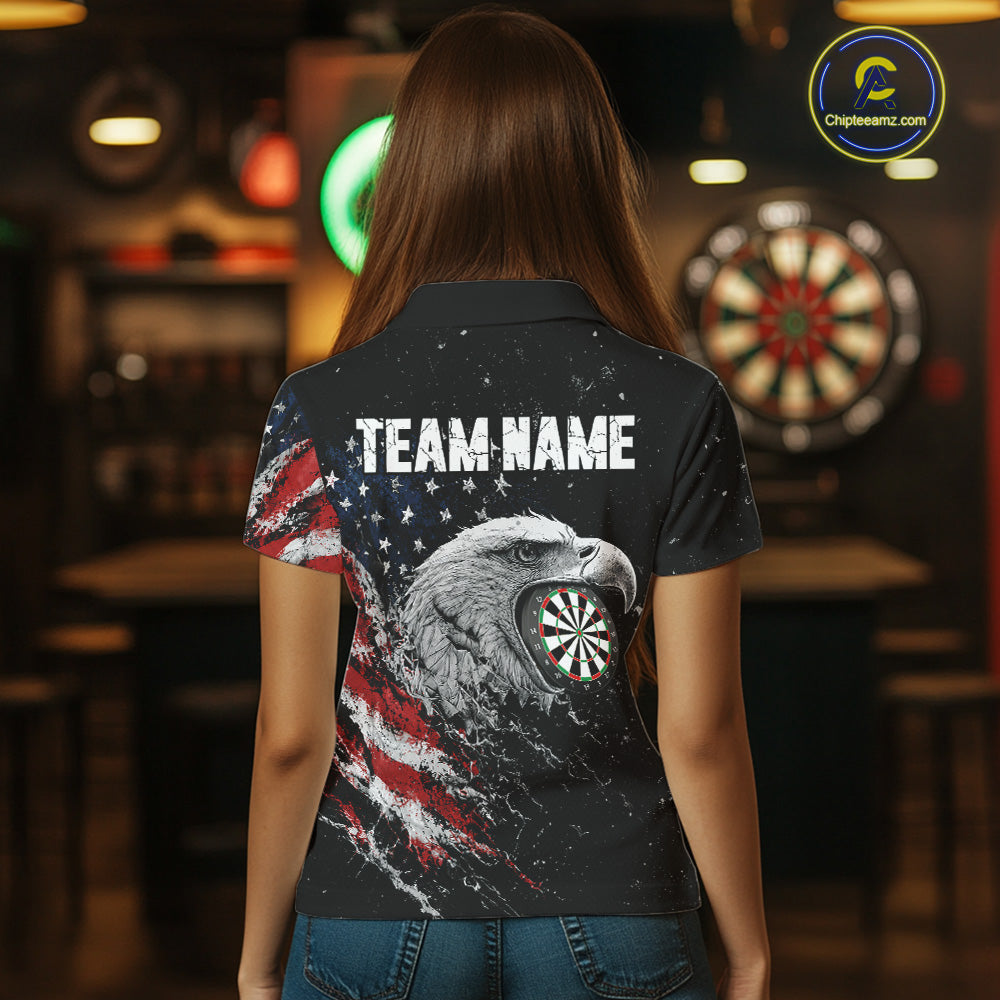 Female model wearing USA Flag Eagle Women's Custom Darts Polo, Personalized Tournament Apparel
