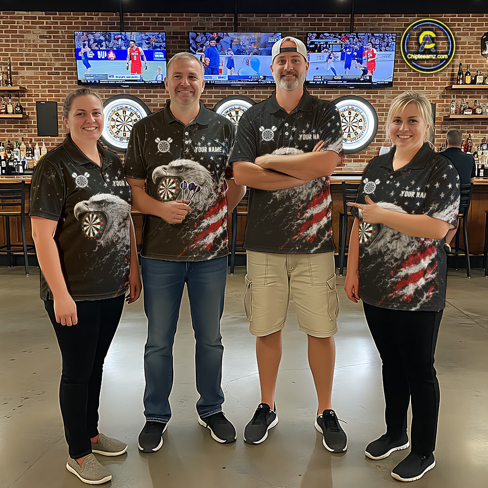 Dart team wearing USA Flag Eagle Custom Tournament Jerseys, Personalized Professional Dart Uniforms