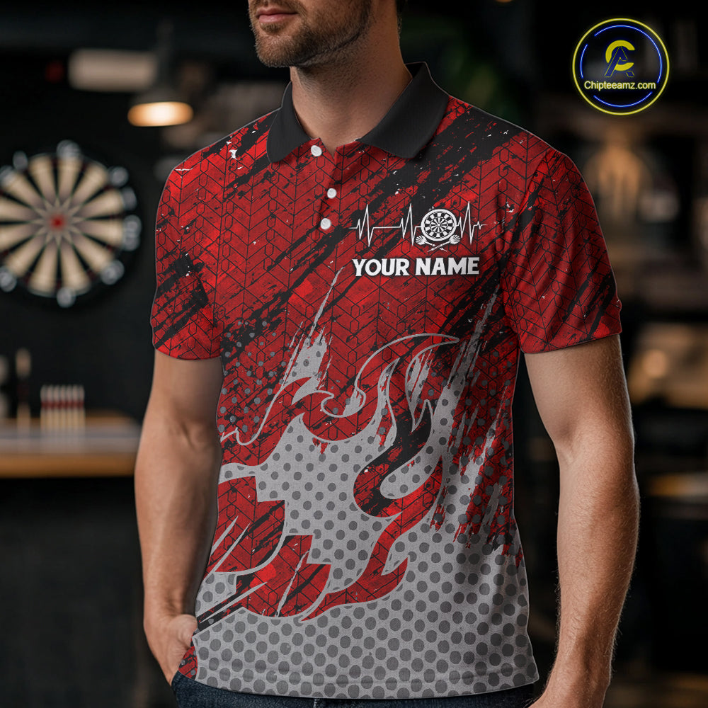 Custom Grunge Red And Grey Halftone Men Darts Polo Team Shirt Dart League Jerseys NYN2178