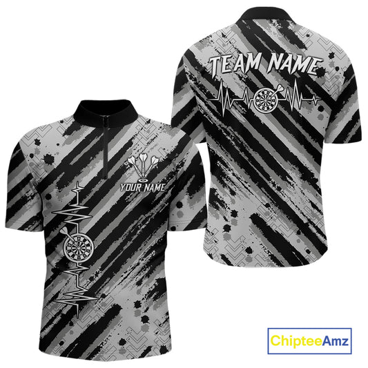 Custom Black Grey Grunge Streaks Skull Men Darts Quarter-Zip Team Shirt Skull Dart League Jerseys NYN2180
