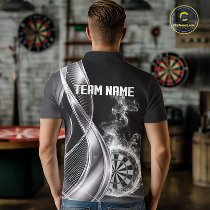 Black And Silver Darts Polo Shirts For Men Custom White Smoke Dartboard Dart Team Jerseys NYN2446