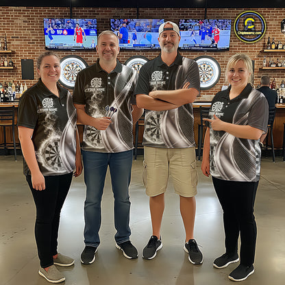 Black And Silver Darts Polo Shirts For Men Custom White Smoke Dartboard Dart Team Jerseys NYN2446