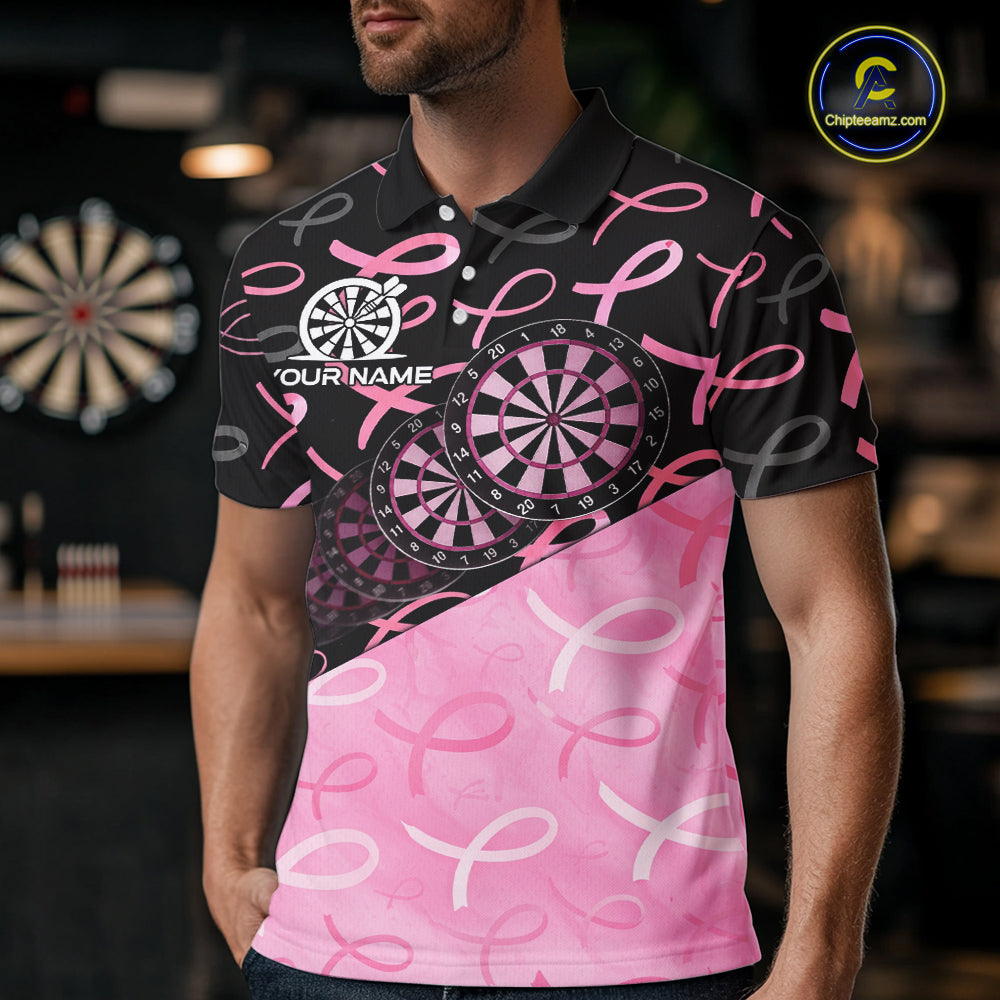 Pink Black Ribbon Blur Dartboard Custom Breast Cancer Awareness Dart Polo Team Shirt For Men NYN2450