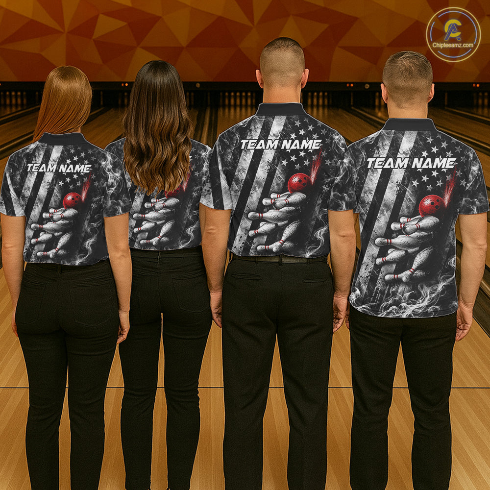 Smoke US Flag Patriotic Bowling Shirt For Women Custom Red Grunge Strike Bowling Team Jerseys NYN4062
