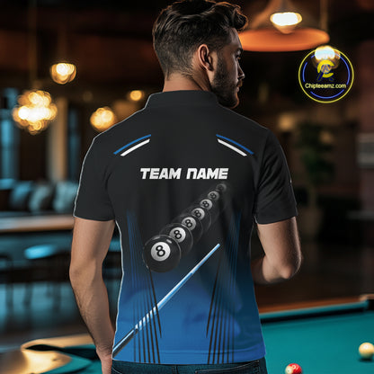 Black & Blue Billiard Ball Cue Pool Men Polo & 1/4-Zip Shirt Custom 8 Ball 3D Billiards Attire NYN2455