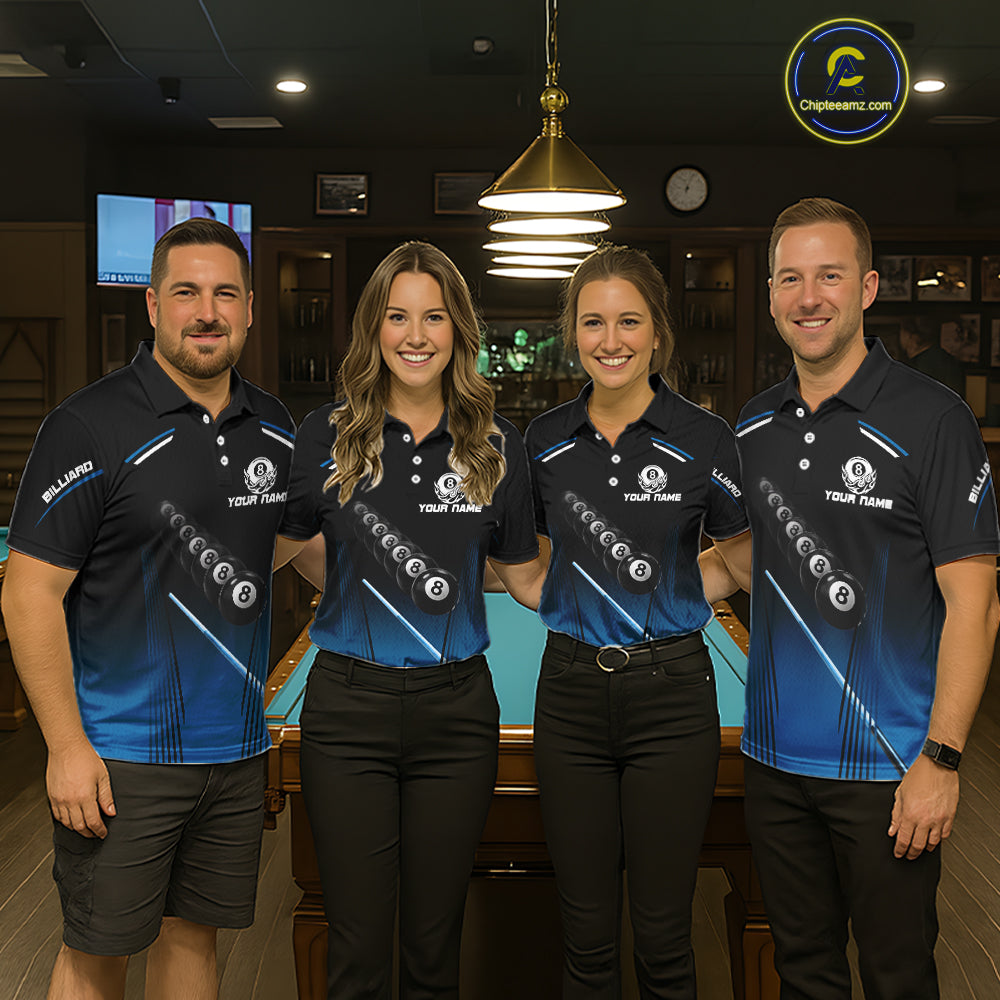 Black & Blue Billiard Ball Cue Pool Men Polo & 1/4-Zip Shirt Custom 8 Ball 3D Billiards Attire NYN2455