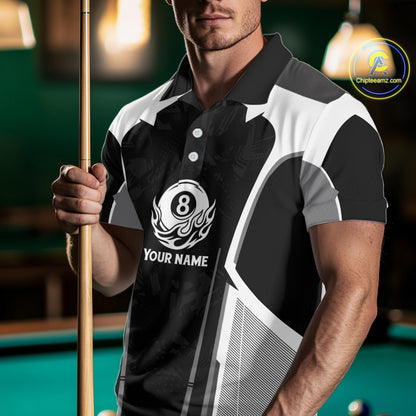 White And Black Billiard Pool Men Polo & 1/4-Zip Team Shirts Custom 8 Ball Billiards Cue Attire NYN2458