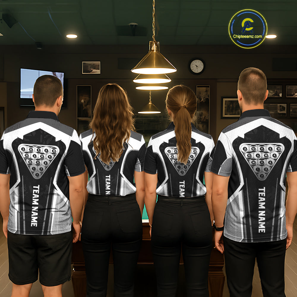 White And Black Billiard Pool Men Polo & 1/4-Zip Team Shirts Custom 8 Ball Billiards Cue Attire NYN2458