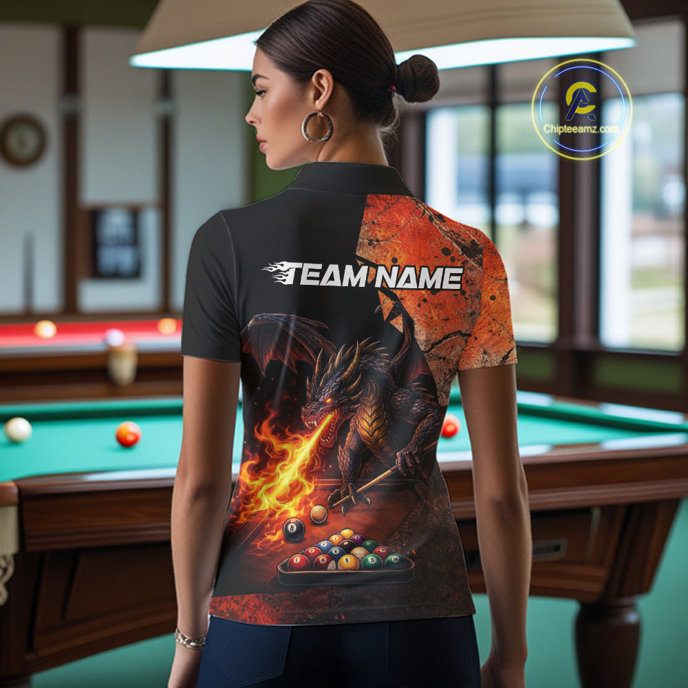 Orange Grunge Dragon Flame 8 Ball Pool Billiard Shirt For Women Custom Billiards Team Attire NYN3046