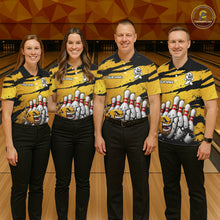 Load image into Gallery viewer, Bowling team wearing yellow grunge cracked bowling ball and pins shirts custom bowling league jerseys