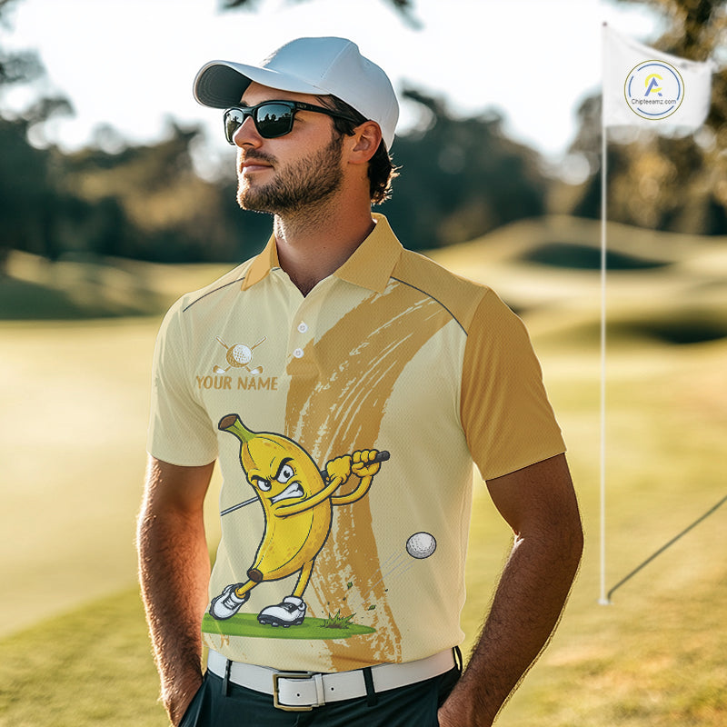 Male golfer modeling funny banana golf polo during club tournament, premium golf apparel symbolizing energy, happiness, confidence and lighthearted competition.