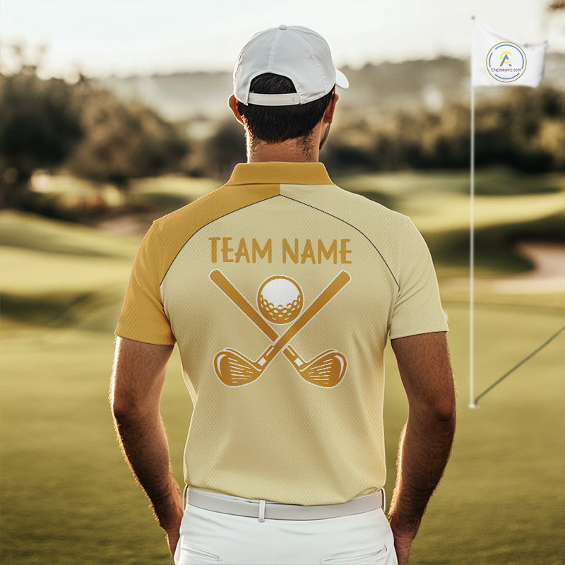 Male golfer modeling funny banana golf polo during club tournament, premium golf apparel symbolizing energy, happiness, confidence and lighthearted competition.