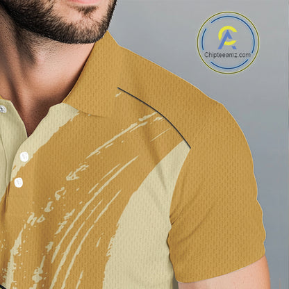 Male golfer modeling funny banana golf polo during club tournament, premium golf apparel symbolizing energy, happiness, confidence and lighthearted competition.