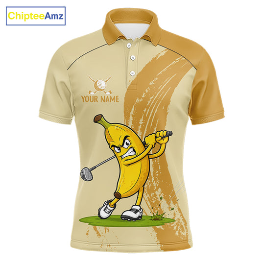 Men's golf polo mockup featuring humorous banana artwork, custom golf shirt for golf teams, leagues and country clubs. Appeals to food lovers, tropical vacation fans and casual golfers.