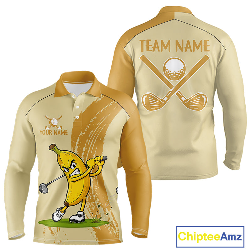 Men's golf polo mockup featuring humorous banana artwork, custom golf shirt for golf teams, leagues and country clubs. Appeals to food lovers, tropical vacation fans and casual golfers