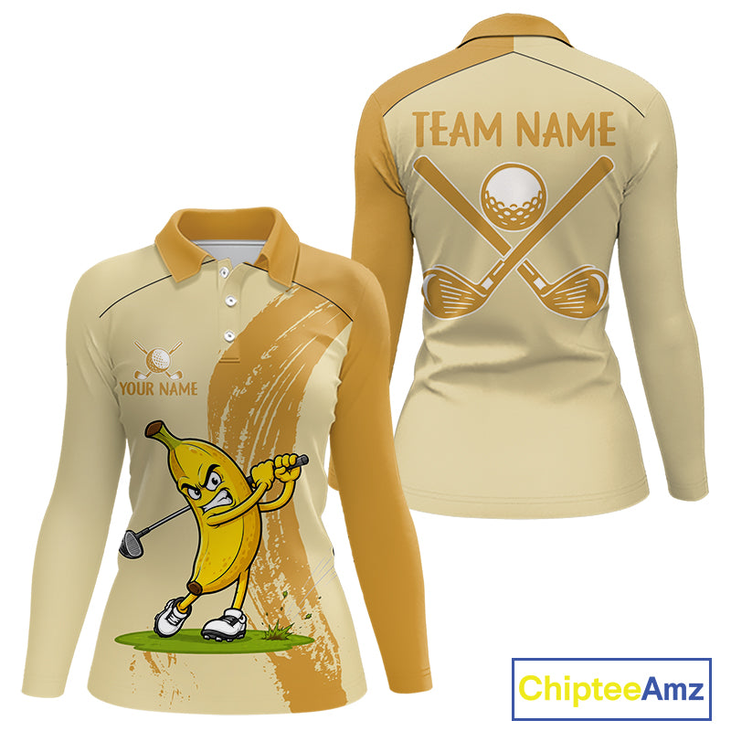 Women's golf polo mockup featuring playful banana graphics, personalized golf apparel for women's golf leagues, golf clubs and vacation golf events.