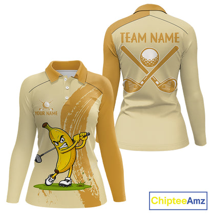 Women's golf polo mockup featuring playful banana graphics, personalized golf apparel for women's golf leagues, golf clubs and vacation golf events.