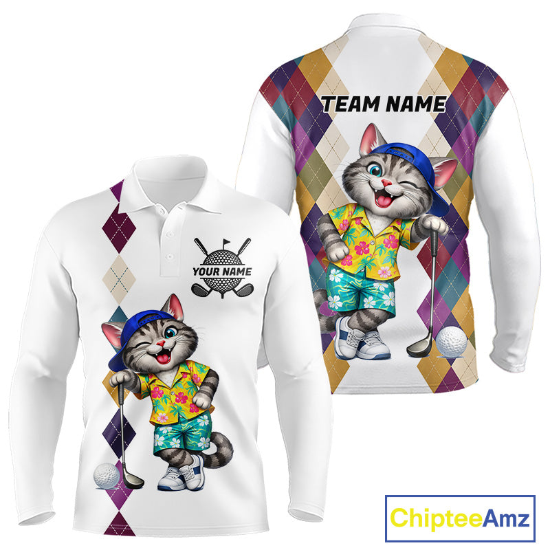 Mens Colorful Argyle Golf Shirts Custom Cat Golfer Clothing Golf Polo Jersey, Best Golf Gifts NYN3052
