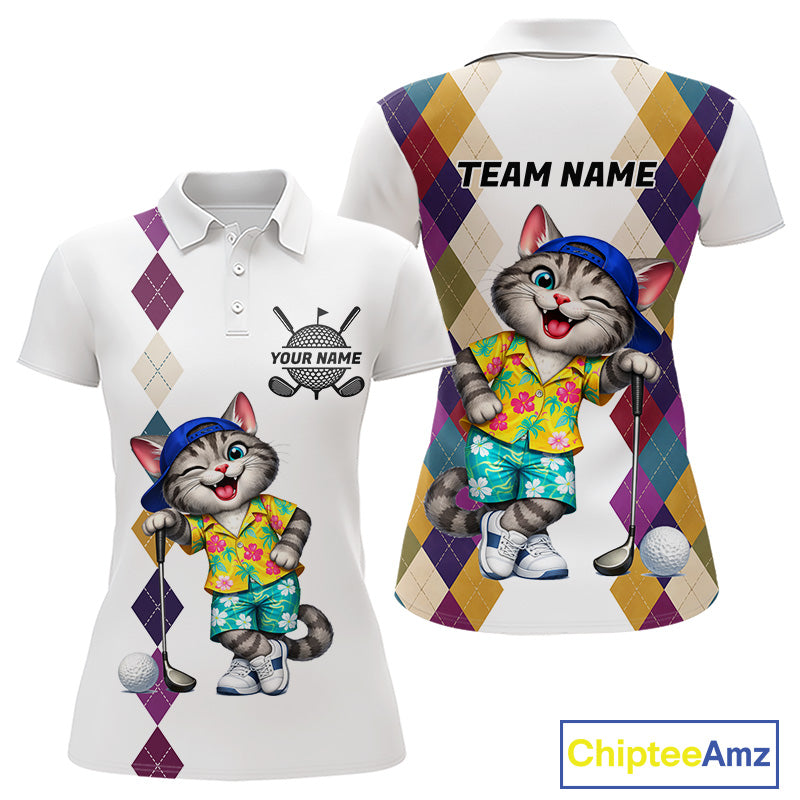 Womens Colorful Argyle Golf Shirts Custom Cat Golfer Clothing Golf Polo Jersey, Best Golf Gifts NYN3052