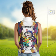 Load image into Gallery viewer, Womens Colorful Argyle Golf Shirts Custom Cat Golfer Golf Sleeveless Polo Jersey, Best Golf Gifts NYN3052
