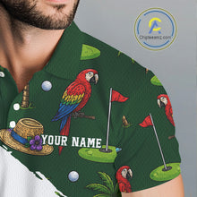 Load image into Gallery viewer, Man wearing parrot palm tree golf polo shirt on sunny golf course