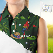Load image into Gallery viewer, Woman wearing parrot palm tree golf sleeveless polo shirt on sunny golf course