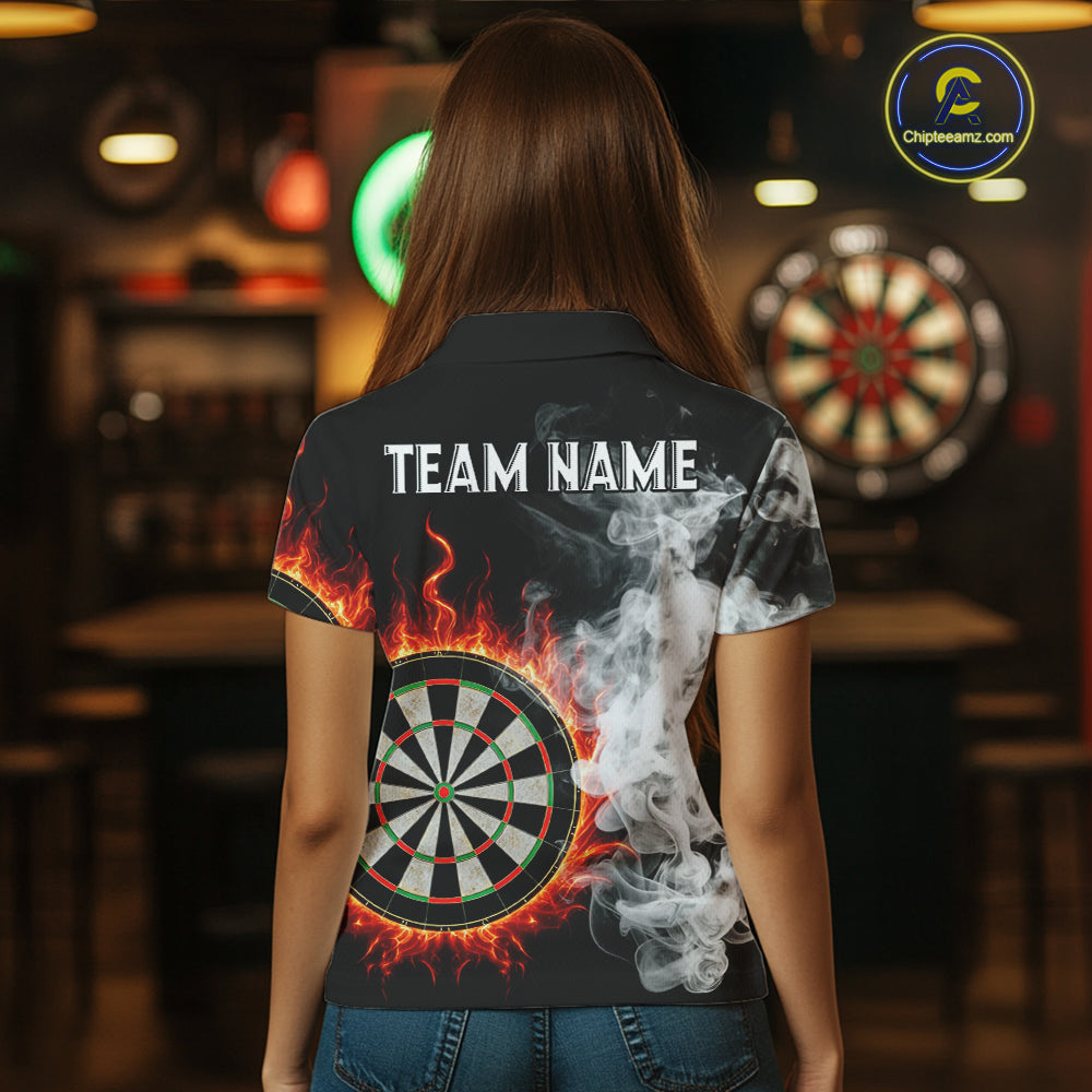 Custom White Smokes Red Flames Dartboard Dart Women Polo Jerseys Dart Team Shirt NYN1667