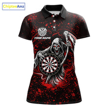 Load image into Gallery viewer, Black &amp; Red Splatter Grim Reaper Hold Dartboard Dart Polo Shirts For Women Custom Dart Team Shirts NYN2681