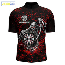 Load image into Gallery viewer, Black &amp; Red Splatter Grim Reaper Hold Dartboard Dart 1/4-Zip Shirt For Men Custom Dart Team Shirts NYN2681