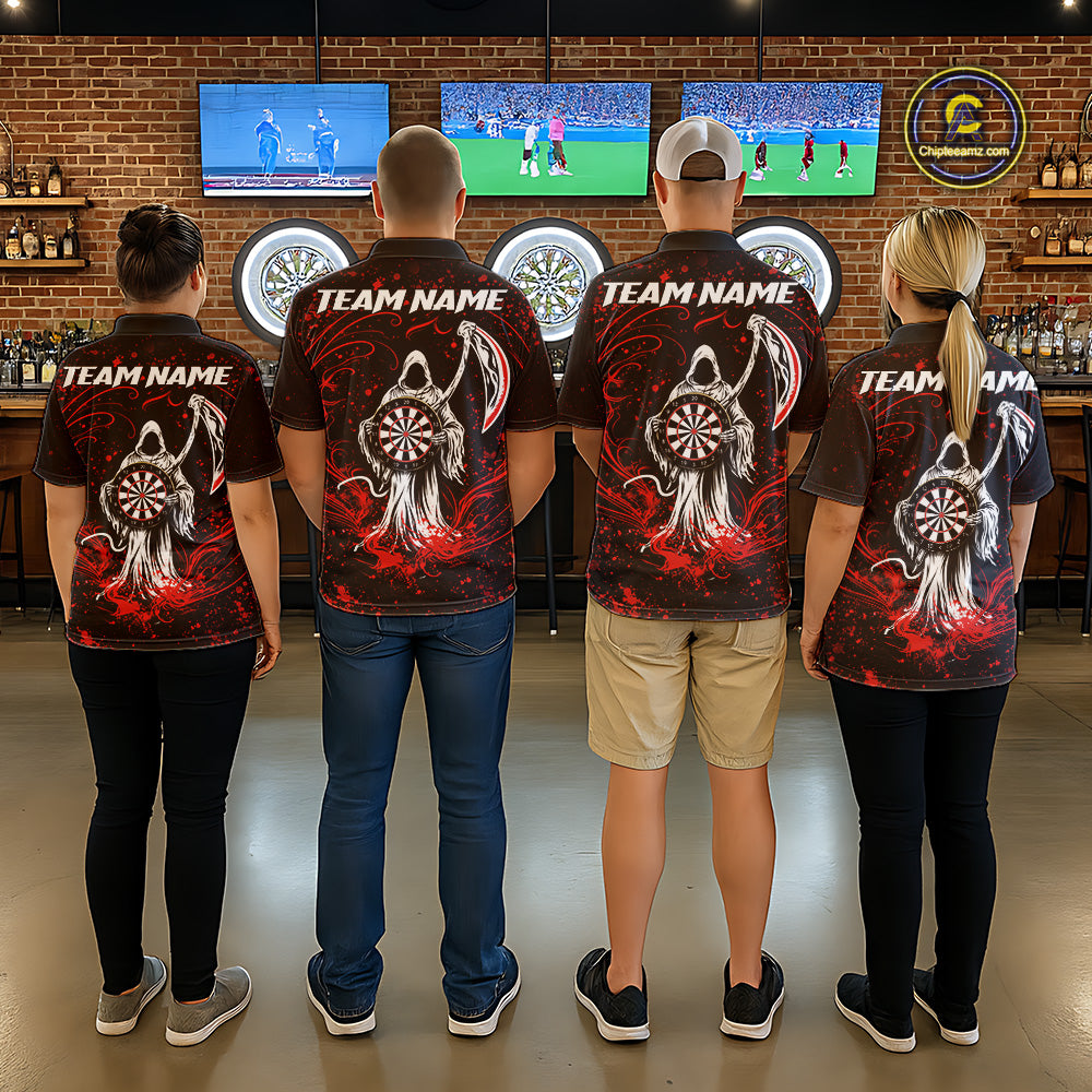 Black & Red Splatter Grim Reaper Hold Dartboard Dart 1/4-Zip Shirts For Women Custom Dart Team Shirts NYN2681