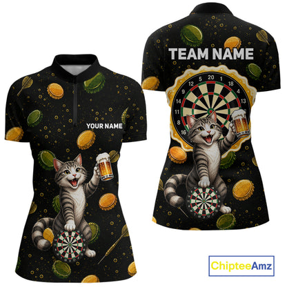 Women's beer and cat dart quarter zip shirt mockup custom dart apparel