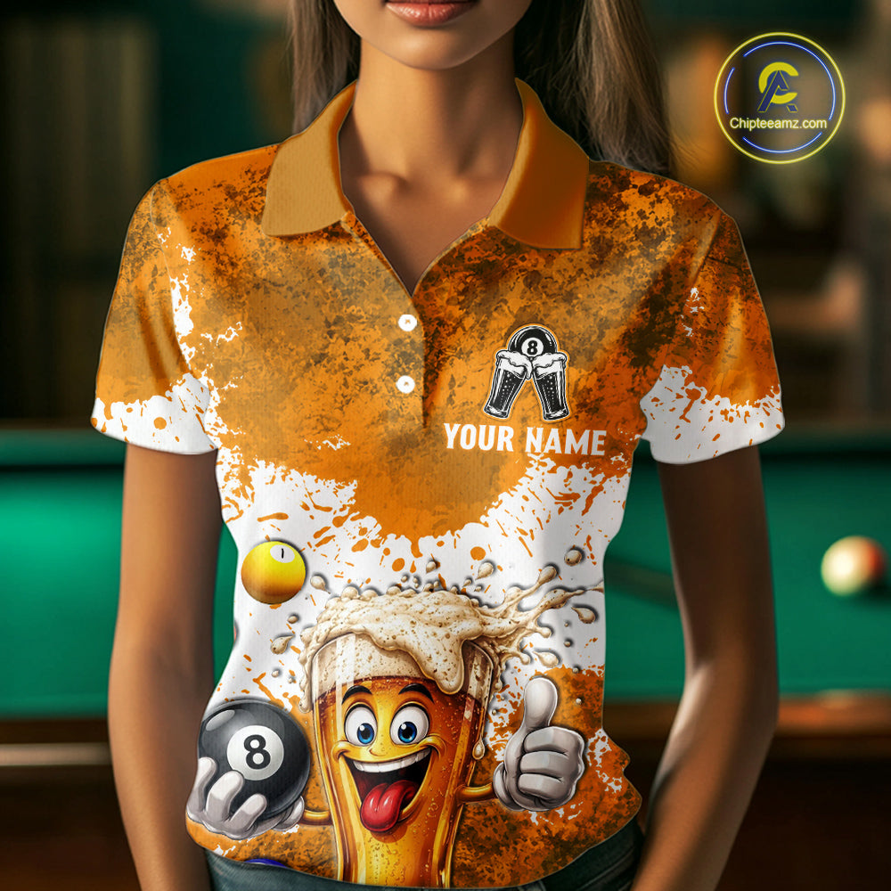 Funny Beer 8 Ball Women Billiard Shirt Custom White Yellow Splatter Paint Billiard Pool Team Clothing NYN3223