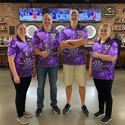 Men women dart team wearing Purple Crown Dartboard personalized dart jerseys for tournament competition