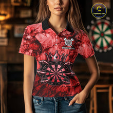 Load image into Gallery viewer, Female dart player wearing Red Crown Dartboard custom dart uniform for league competition