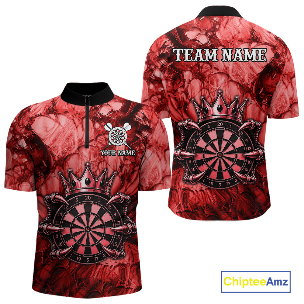 Red Crown Dartboard Claws Skull men's quarter zip dart jersey custom dart league apparel, tournament dart shirt