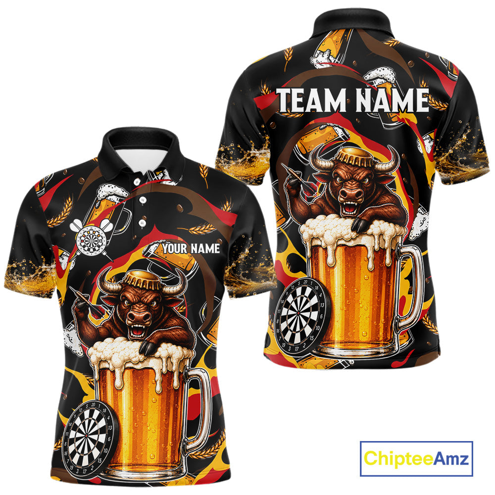 Angry Bull Beer men's dart polo shirt personalized dart jersey, custom dart team uniform, tournament dart shirt