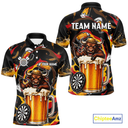Angry Bull Beer men's dart polo shirt personalized dart jersey, custom dart team uniform, tournament dart shirt