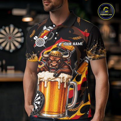 Male dart player wearing Angry Bull Beer personalized dart jersey for competitive play and league tournaments