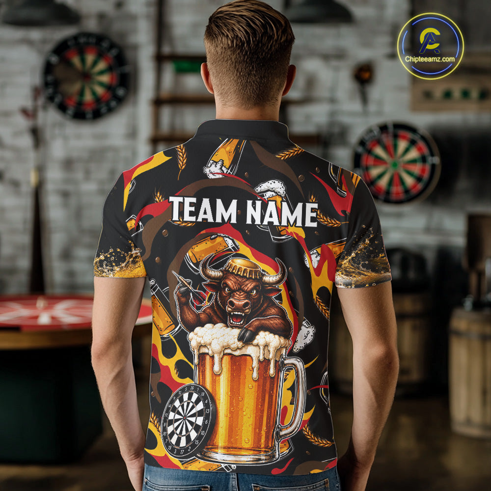 Male dart player wearing Angry Bull Beer personalized dart jersey for competitive play and league tournaments