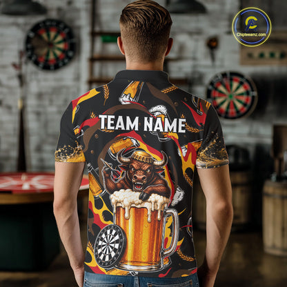 Male dart player wearing Angry Bull Beer personalized dart jersey for competitive play and league tournaments