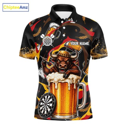 Angry Bull Beer men's dart polo shirt personalized dart jersey, custom dart team uniform, tournament dart shirt