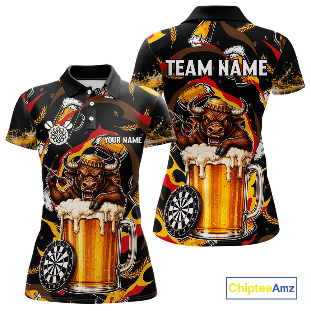 Angry Bull Beer women's dart polo shirt personalized dart jersey, custom dart team uniform, tournament dart shirt