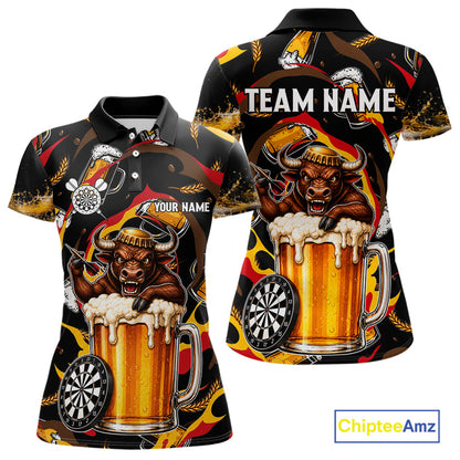 Angry Bull Beer women's dart polo shirt personalized dart jersey, custom dart team uniform, tournament dart shirt