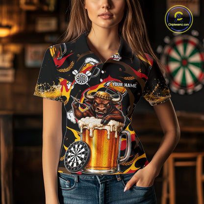 Female dart player wearing Angry Bull Beer personalized dart jersey for competitive play