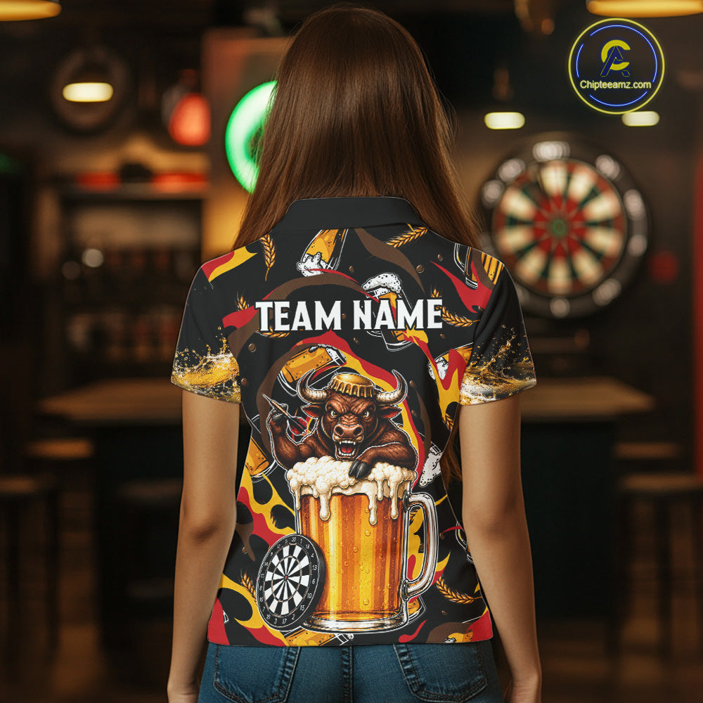 Female dart player wearing Angry Bull Beer personalized dart jersey for competitive play